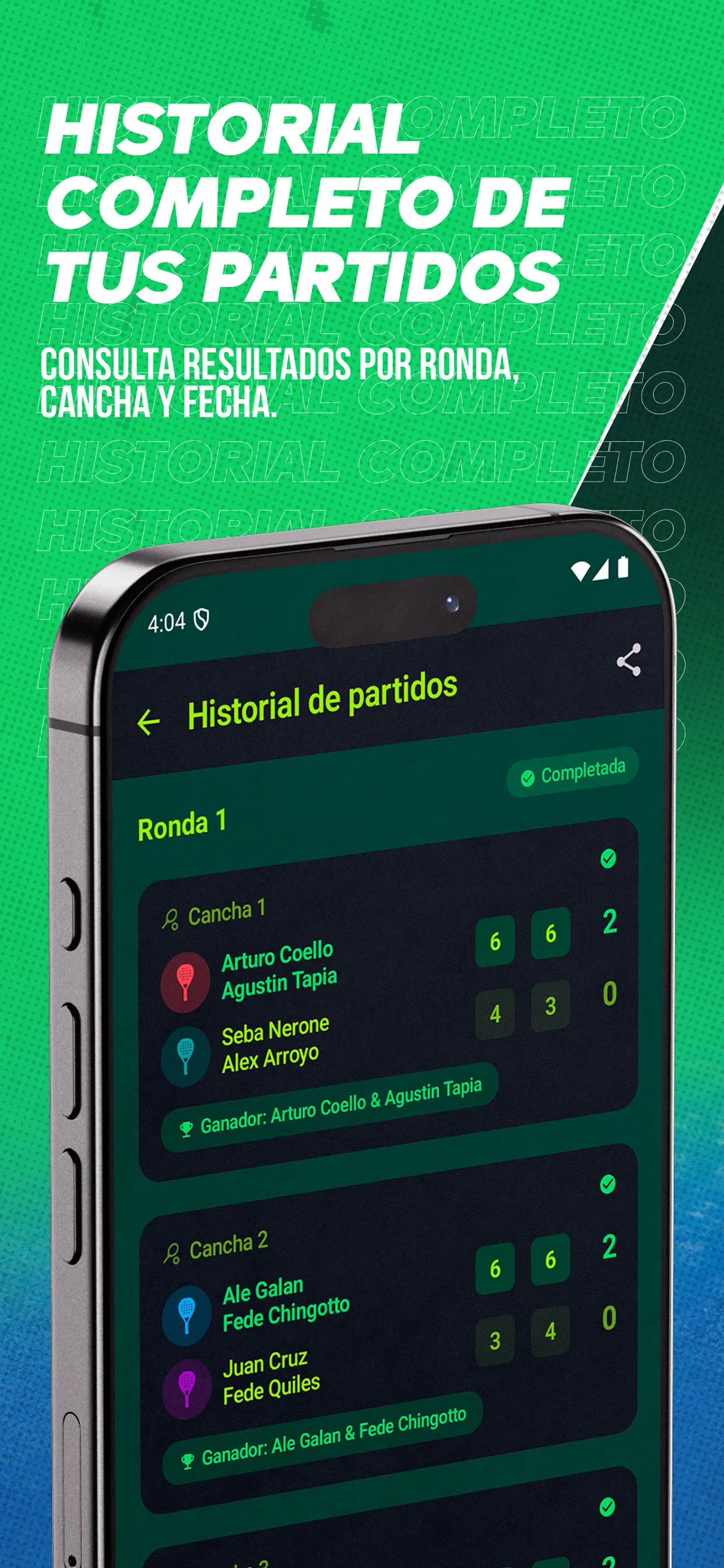 Historial completo de partidos en PadelMX